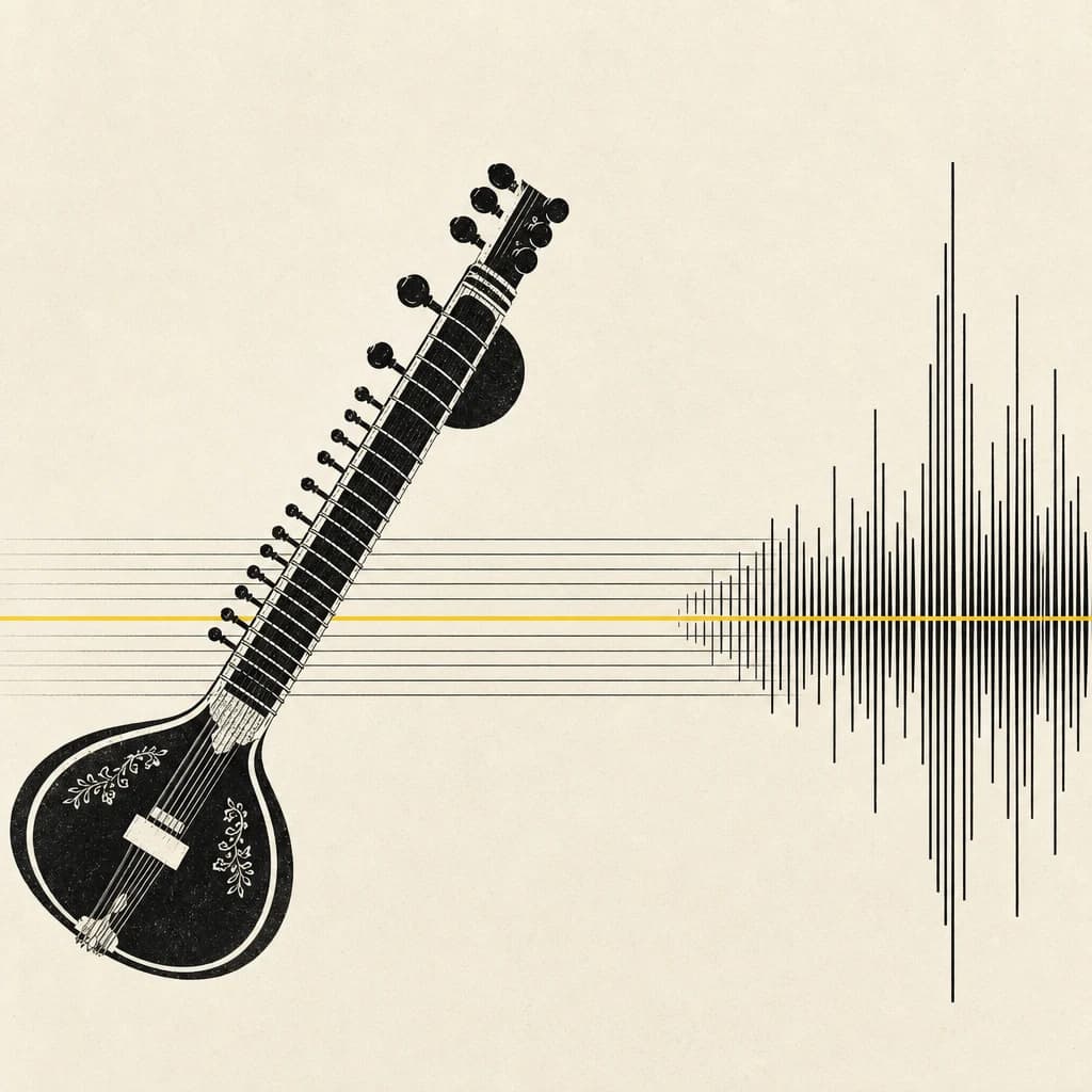 Editorial illustration — a sitar whose string lines become a modern waveform, one yellow overtone line running through both