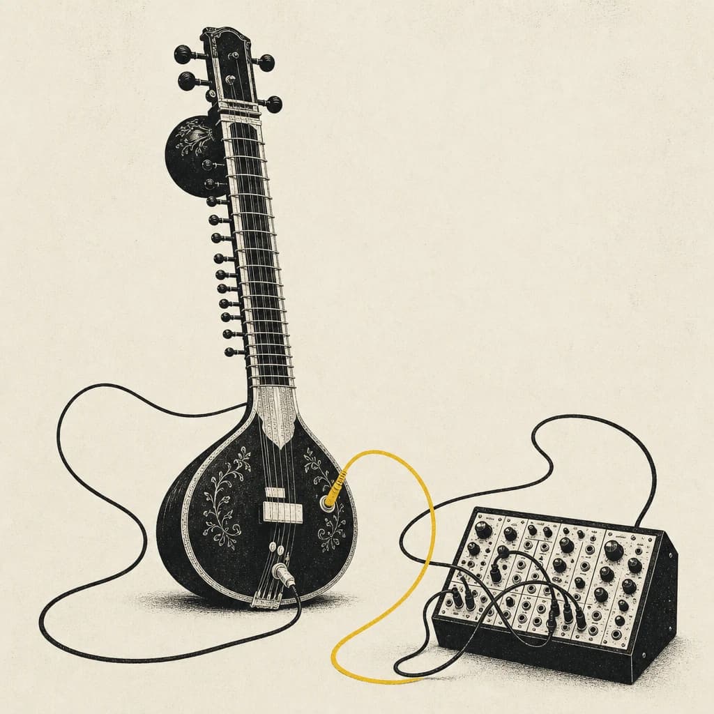 Production Studies cover illustration — a sitar patched into a modular synthesizer, one yellow cable