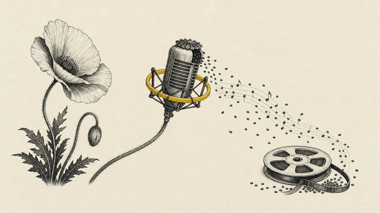 Poppy Seed Music cover illustration — a poppy whose seed pod is drawn as a ribbon microphone in a yellow shock-mount, seeds drifting like notation onto a tape reel
