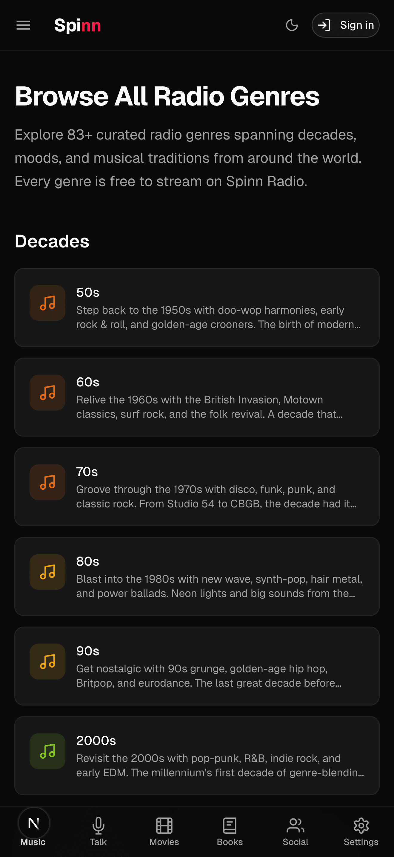 Spinn Radio genre browsing on iPhone