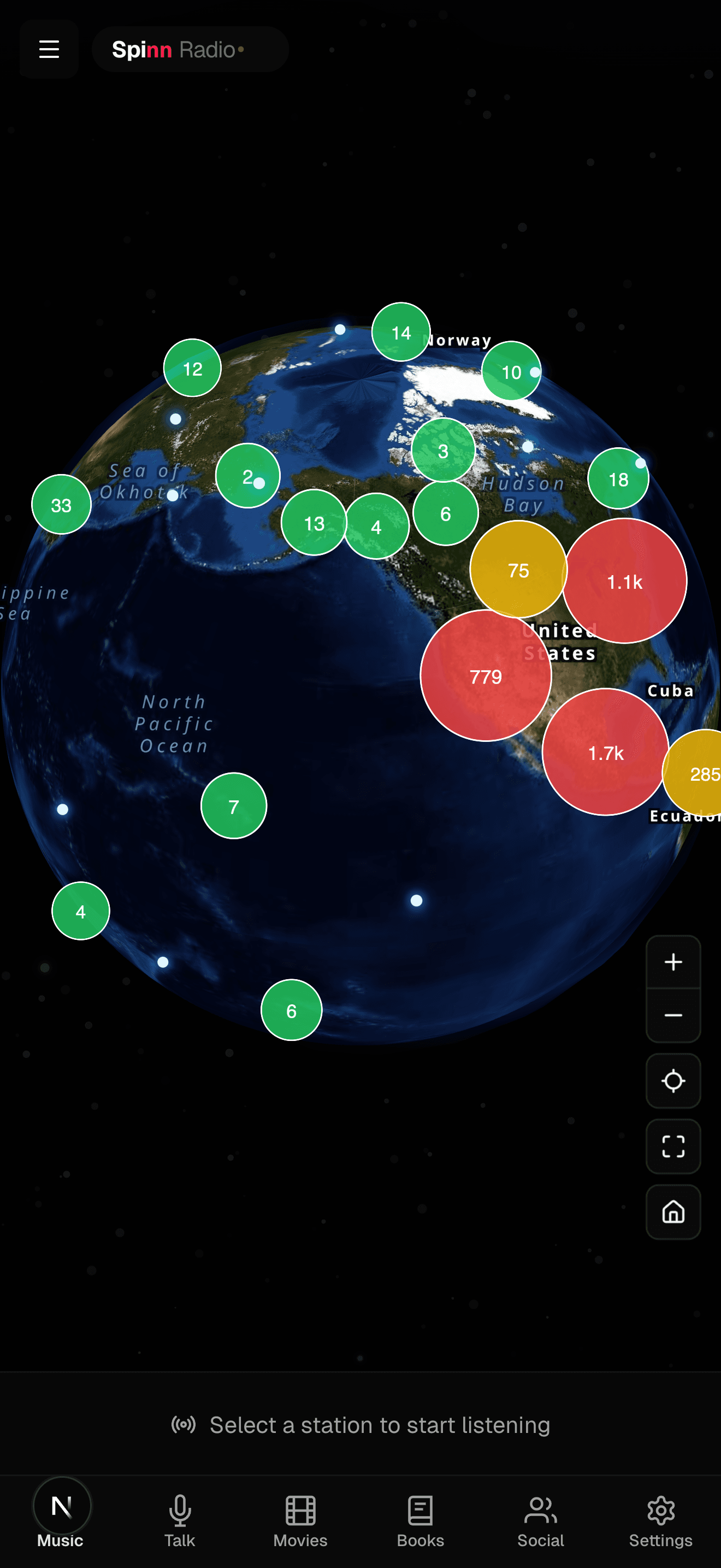 Spinn Radio globe on iPhone