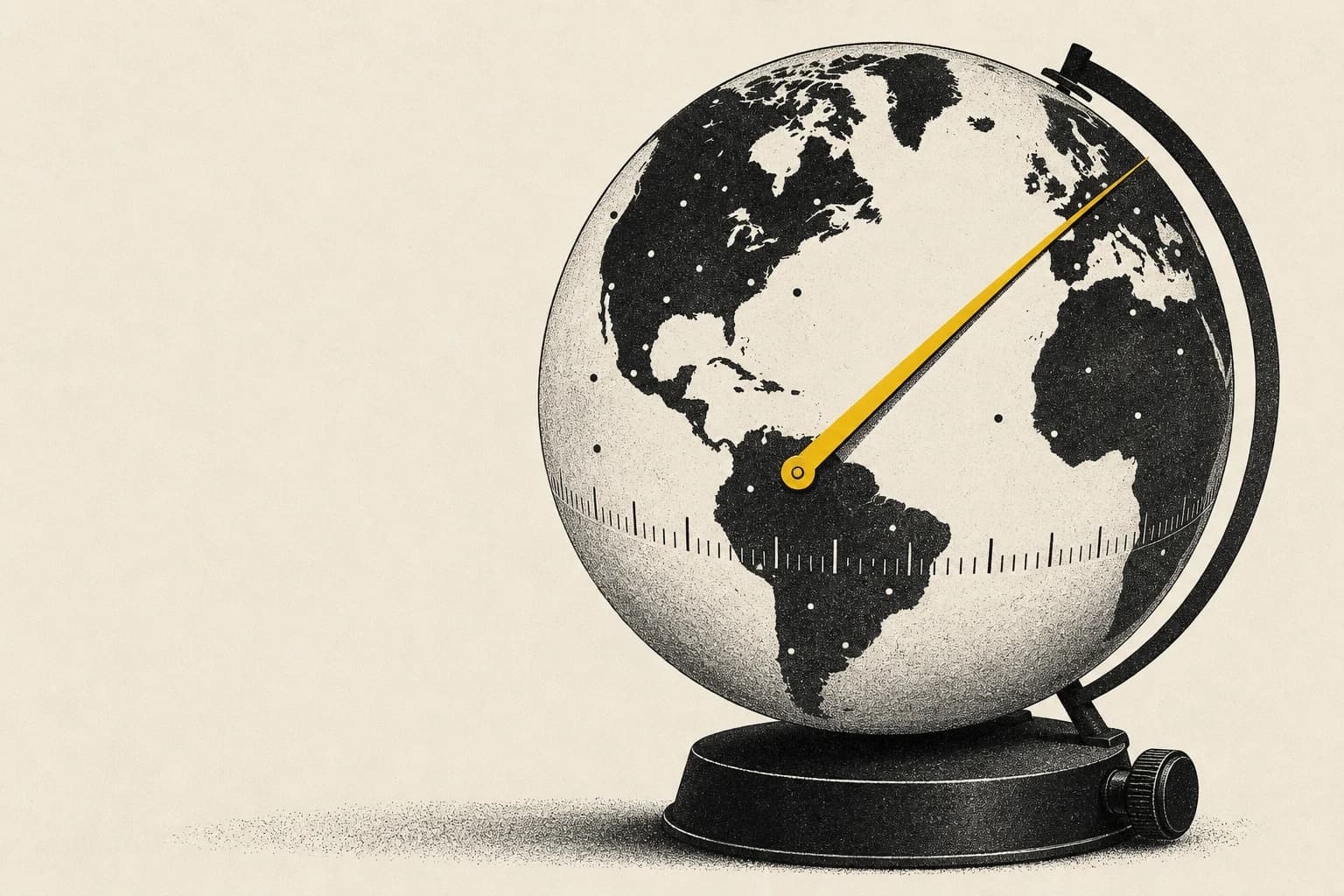 Spinn Radio cover illustration — a desk globe drawn as a radio tuner, one yellow needle arcing across the planet