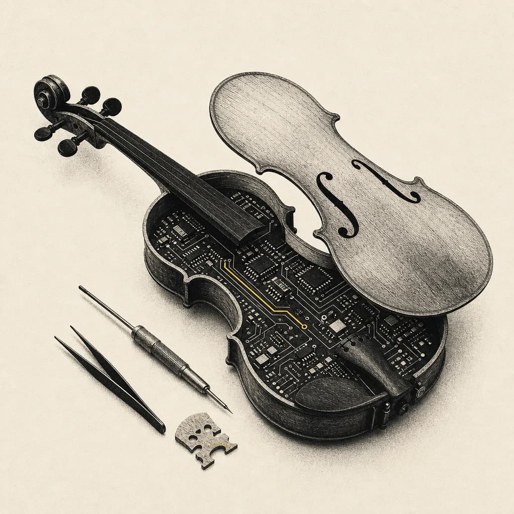 Workshop cover illustration — a violin opened like a watch under repair, a circuit board inside its wooden body