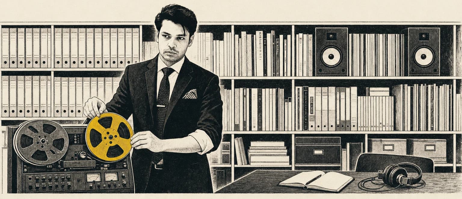 Illustrated panorama of Shaji Rizvi in the studio archive — threading a signal-yellow tape reel onto a reel-to-reel machine, shelves of tapes and books running behind him