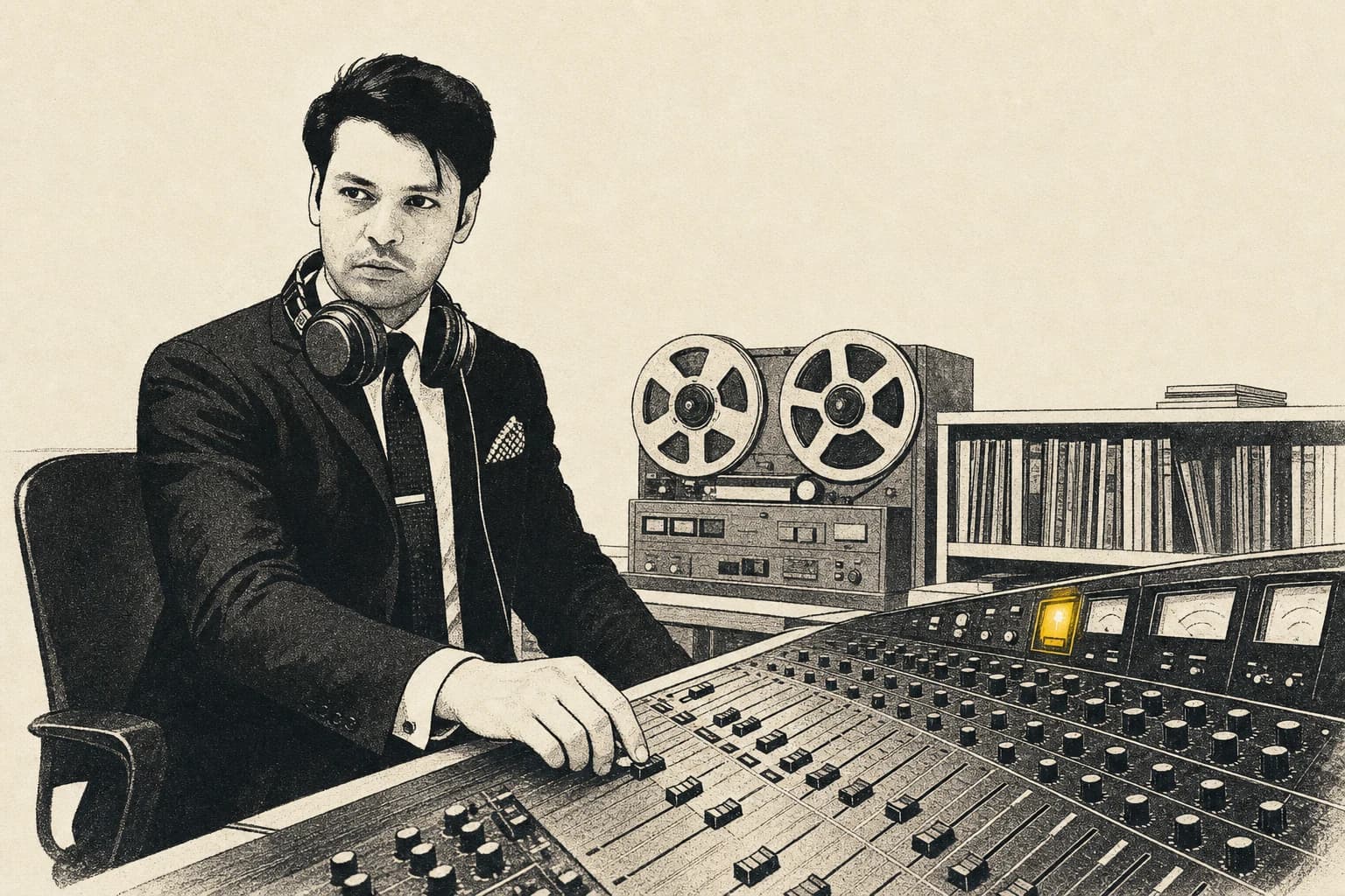 Illustrated portrait of Shaji Rizvi at a mixing console, tape machine and record shelf behind him, one yellow signal lamp lit