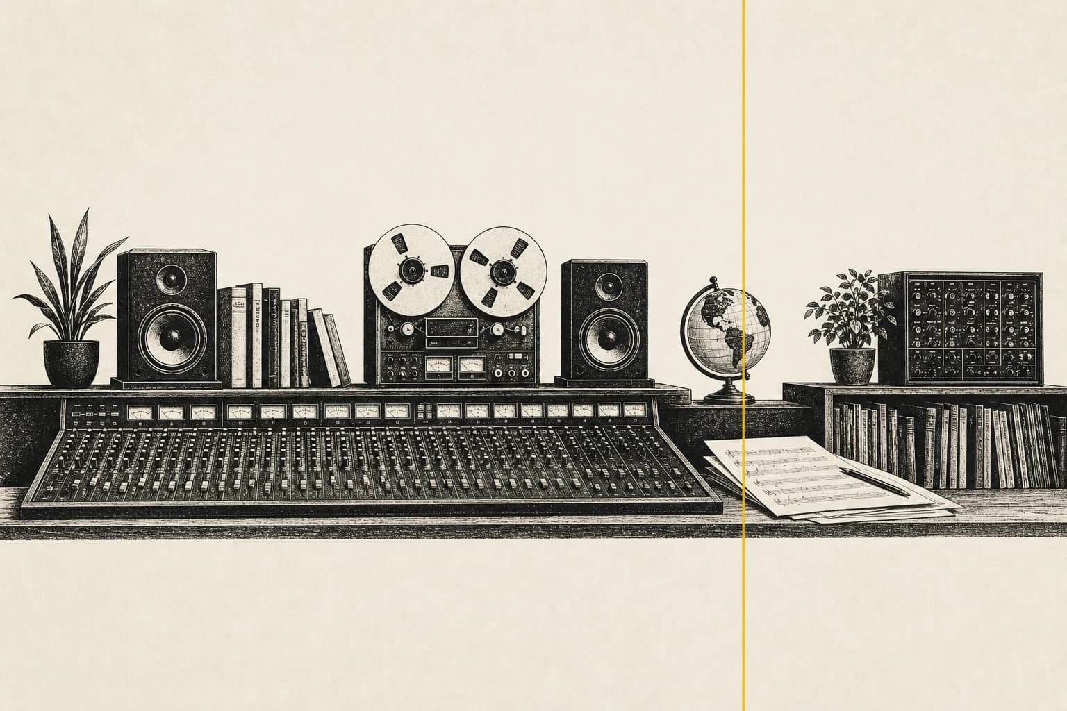 Illustrated frieze of the studio — mixing console, tape machine, monitors, bookshelf, desk globe and sheet music, one yellow playhead line passing through