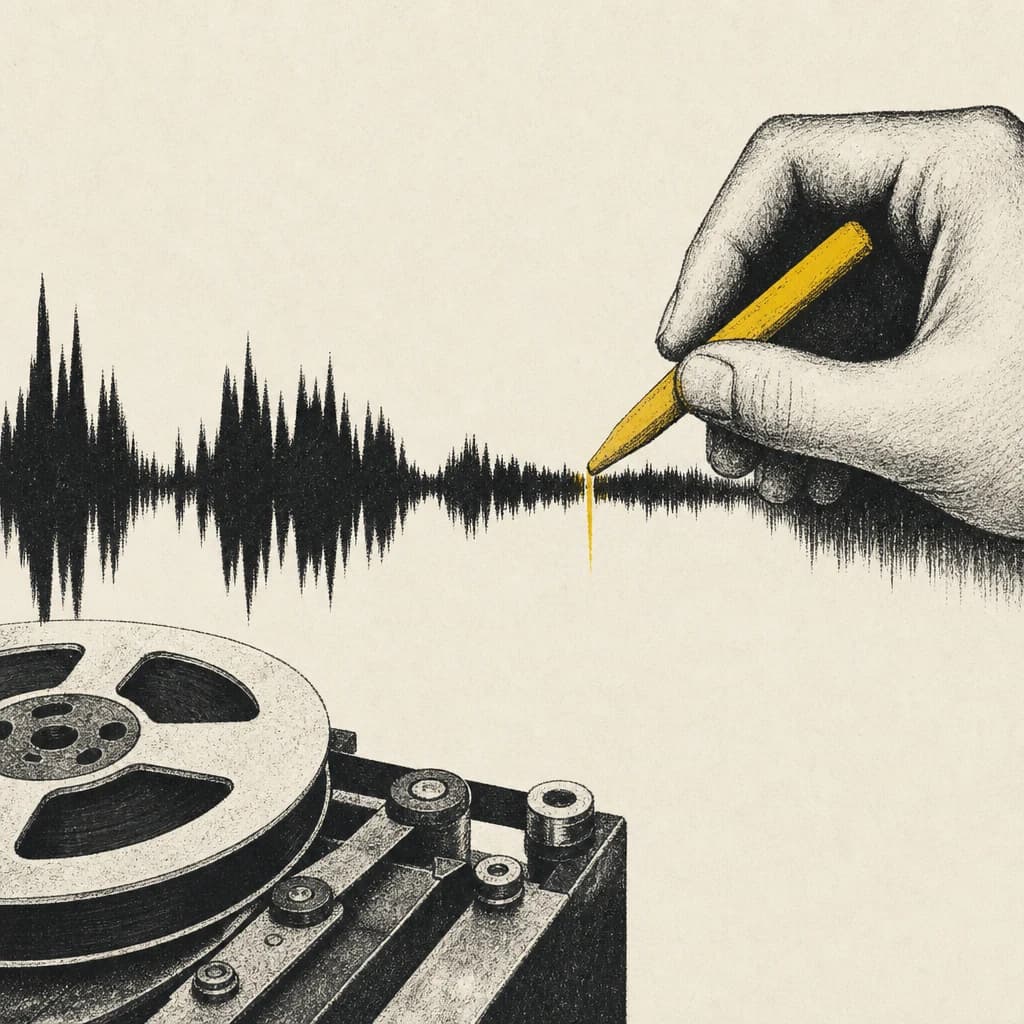 Editorial illustration — a hand marks a splice point on a long tape waveform with a yellow grease pencil