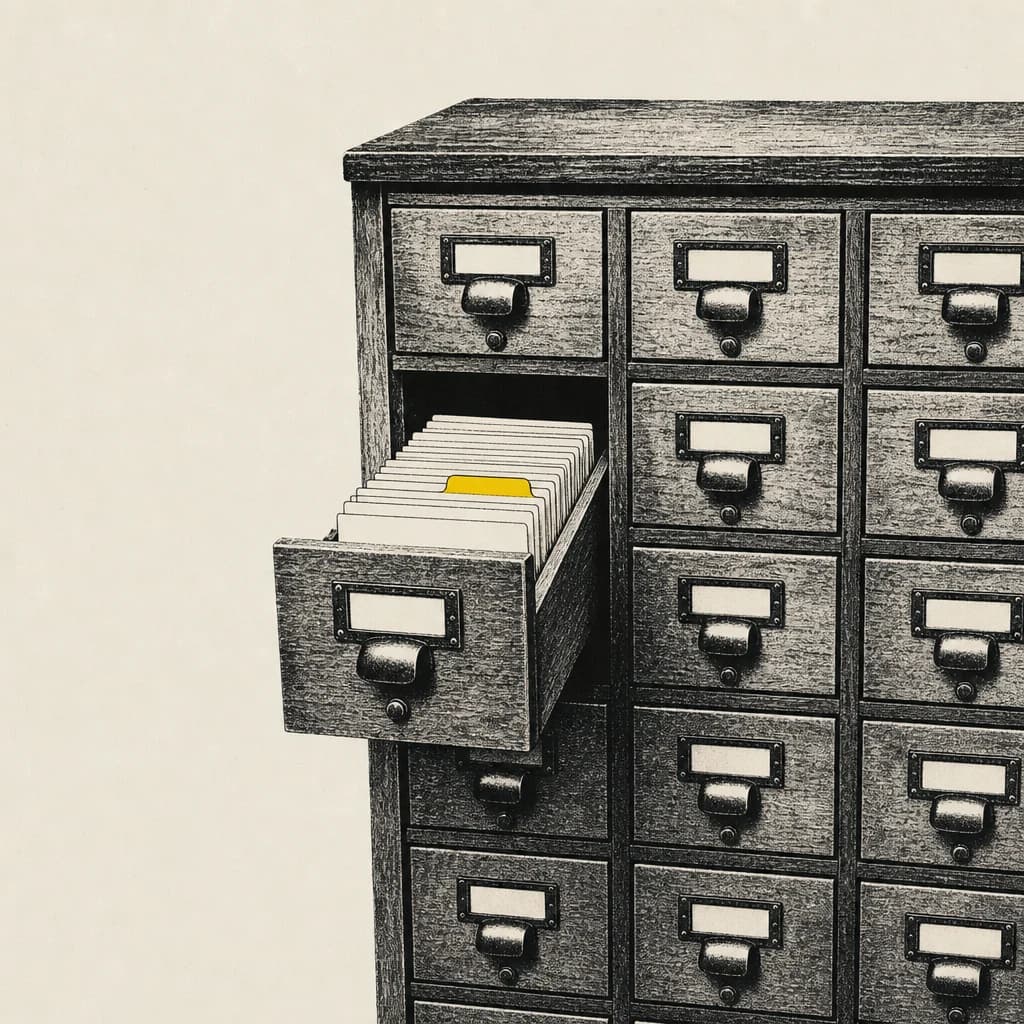 Editorial illustration — a library card catalog with one drawer open and a single yellow index tab