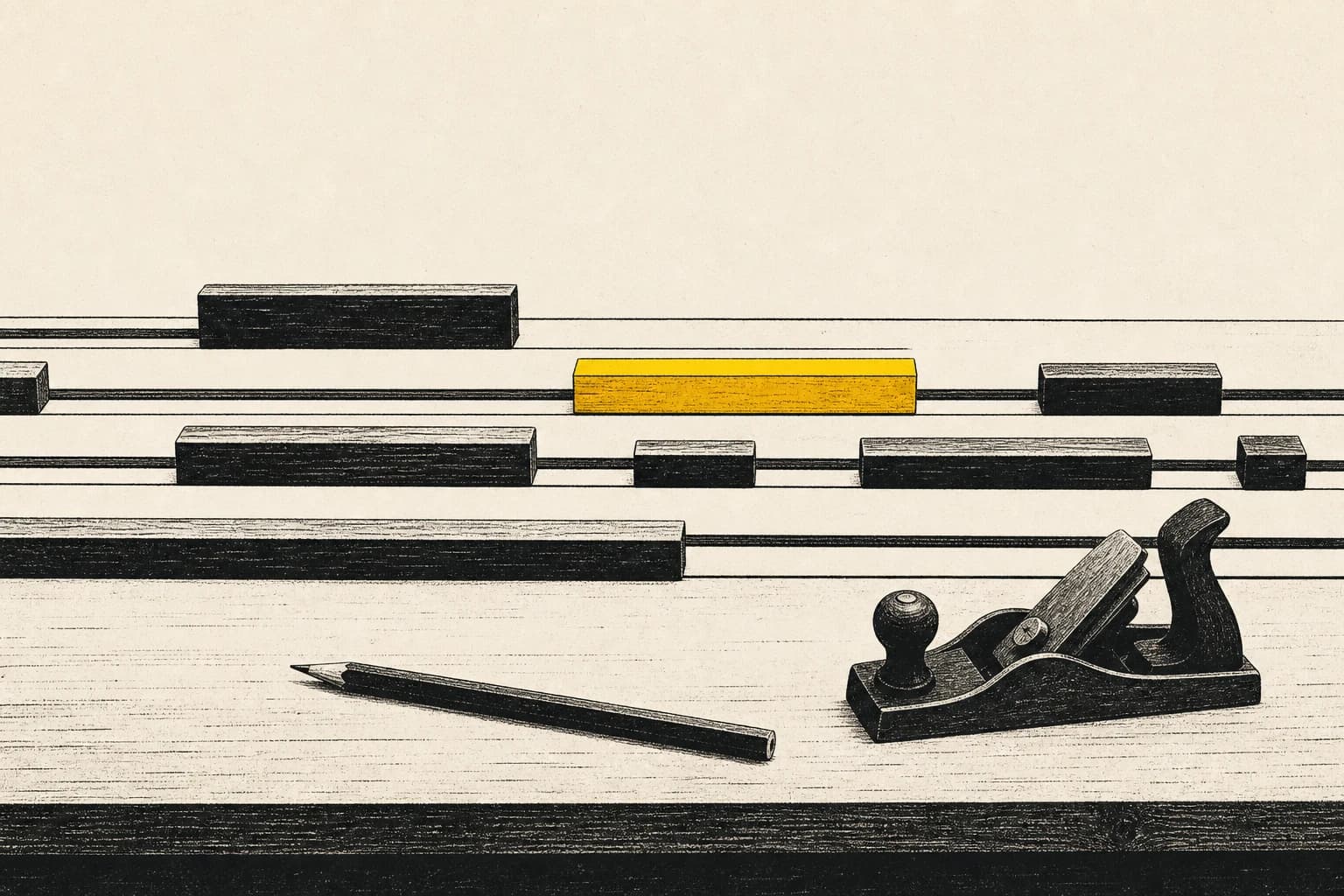 DAW Studio illustration — wooden arrangement blocks on timeline rails beside a hand plane and pencil, one yellow block